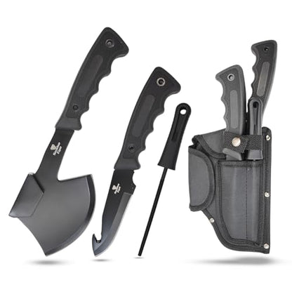 Snake Eye Tactical Heavy Duty 3PC Hunting & Camping Set – Full Tang Camping Axe, 9.5" Fixed Blade Gut Hook Knife, Sharpening Rod, and Heavy Duty Nylon Combo Sheath Included (Black) - color: Black
