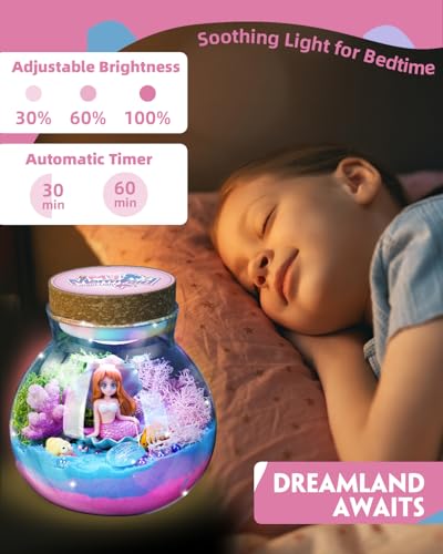 Winnrok Mermaid Terrarium Kit for Girls - DIY Night Light Craft with 13-Color LED, Remote & Timer. Ideal Easter Basket Stuffers, Birthday Gift for Kids Ages 4-8-12. Create Underwater Garden