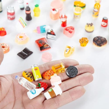 50 Pcs Miniature Food Drink Bottles Soda Pop Cans Pretend Play Kitchen Game Party Accessories Toys Hamburg Cake Ice Cream for 1/12 Doll House (25Food+25Drink) - style: 50 PLAY FOOD