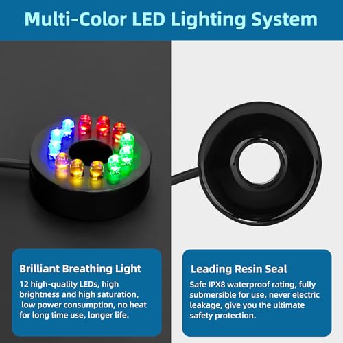 DaToo Mini Submersible Fountain Water Pump With LED Light 160GPH 10W Small Ultra Quiet Water Pump With Tubing For Aquarium Fish Tank Outdoor Pond Water Feature Fountain Statuary - size: 160GPH 10W(12 LED)