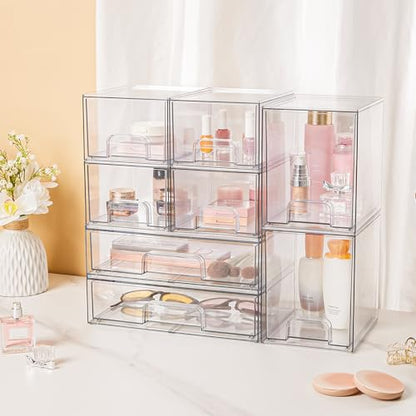 Vtopmart Stackable Storage Drawers Set of 8, Clear Plastic Organizer Bins for Bathroom Supplies,Ideal for Cabinet,Pantry,Laundry Room Organization - style: 4 Small+2 High+2 Wide