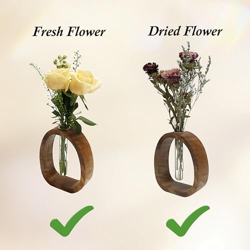 Wooden Glass Test Tube Vase Flower Holder | Plant Vase, Small Plant Terrarium Display, Desk Décor