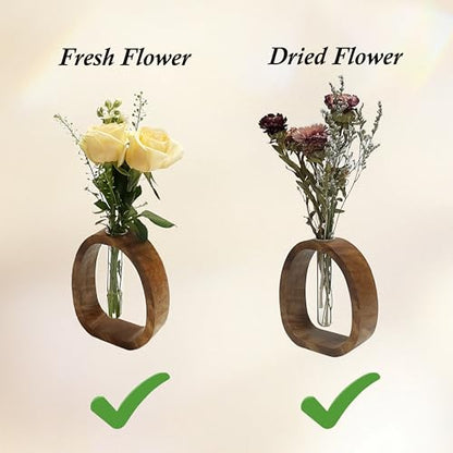 Wooden Glass Test Tube Vase Flower Holder | Plant Vase, Small Plant Terrarium Display, Desk Décor