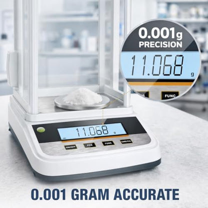 Lab Analytical Balance 500g x 0.001g Precision Digital Scale, with Windshield and RS232 Interface, for Scientific Laboratories, Research, Industrial, Kitchen, Food, Jewelry, 19 Units, 500g Weight - size: 500g x 0.001g