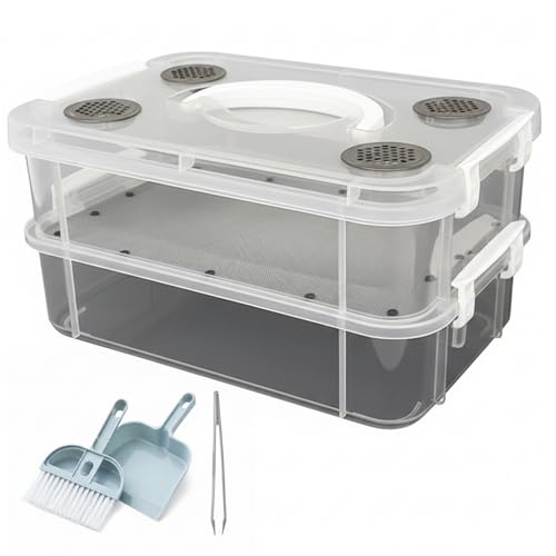 Mealworm Breeding Kit, 24x16x13cm Clear Plastic Reptile Breeding Box with Automatic Waste Separation & Cleaning Tools, Critter Keeper Container for Bearded Dragon Lizard Spider