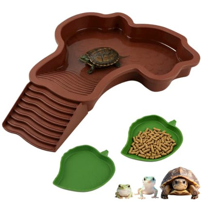 3 Pcs Aquatic & Terrestrial Reptiles Bathing Pool Set, Turtle Water Bowl | Tortoise Water Dish with Removable Ramp and 2 Pcs Feeding Dish - color: Dark Brown【1 x Water Dish, 2 x Feeding Dish】