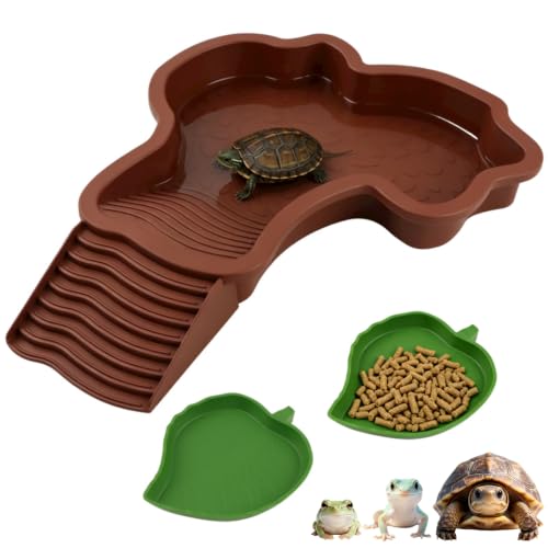 3 Pcs Aquatic & Terrestrial Reptiles Bathing Pool Set, Turtle Water Bowl | Tortoise Water Dish with Removable Ramp and 2 Pcs Feeding Dish - color: Dark Brown【1 x Water Dish, 2 x Feeding Dish】