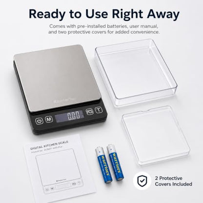 KitchenTour Digital Kitchen Gram Scale - 3000g/0.1g - High Accuracy Precision Food Scale with 9 Units(g/oz/ml/lb/lb:oz/gn/ozt/DWT/ct) - Meat Scale with Back-Lit LCD Display(Batteries Included) - color: Black, size: 3000g/0.1g