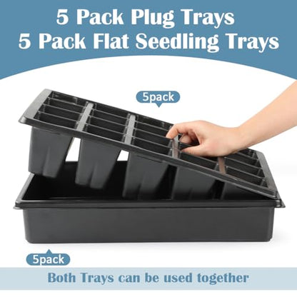 RooTrimmer 2.5 inch Square Pots 3.5 inch Deep 20 Cell Seedling Trays with Water Collection Nursery Trays (15"x11"x3") for Seeds Starting and Transplanting(5 Sets) - size: 20 Cell Plug Trays + Flat Trays-5P