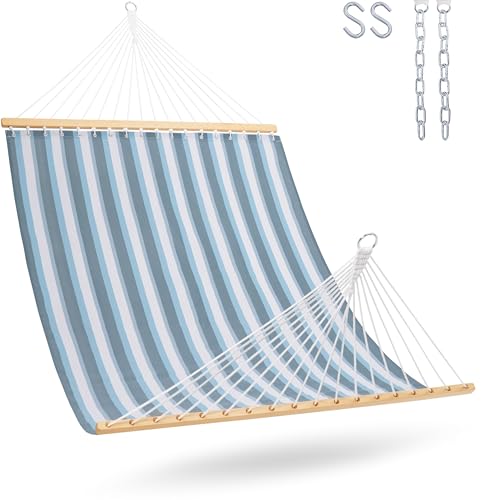 Lazy Daze Double Textliene Quick Dry Hammock with Spreader Bar for Outdoor | 11 Ft Hammock for 2 Person, Weather Resistant Fabric, 450 Lbs Capacity, Hammock Bed 78 x 55 In with Carabiners, Chains - color: Blue White Stripes