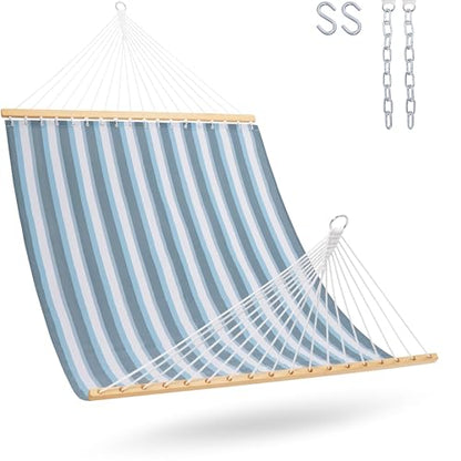 Lazy Daze Double Textliene Quick Dry Hammock with Spreader Bar for Outdoor | 11 Ft Hammock for 2 Person, Weather Resistant Fabric, 450 Lbs Capacity, Hammock Bed 78 x 55 In with Carabiners, Chains - color: Blue White Stripes