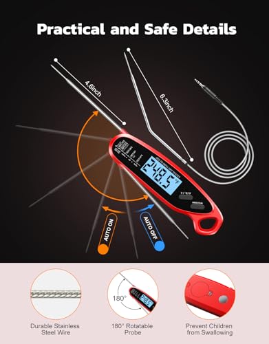 Instant Read Meat Thermometer Digital with Dual Probe | Large Backlit, Calibration, Food Thermometer for Cooking, Grilling, Smoker, BBQ, Candy, Oil Fry, Kitchen, Gifts for Men - color: Red