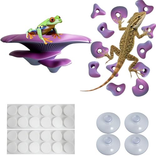 Mushroom Terrarium Decor & Climbing Hold Kit,with 12 Rock Holds, Suction Cups & Adhesive Dots for Geckos, Frogs, Small Lizards & Snakes in Dry/Semi-Moist Habitats (Lavender Silver) - color: Lavender Silver