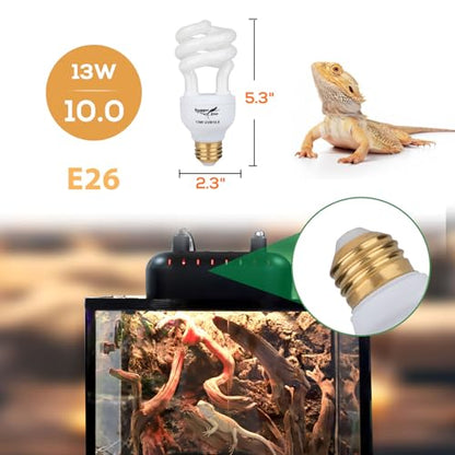 UVB Bulb for Reptiles, 10.0 13W UVB Light for Reptiles, Hygger zoo UVA UVB Reptile Light Bulb Reptile UVB Bulb UVB Light for Bearded Dragon Turtle Lizard Reptile Lamp Terrarium Lamp for Desert Reptile - size: 10.0-5.3 Inch