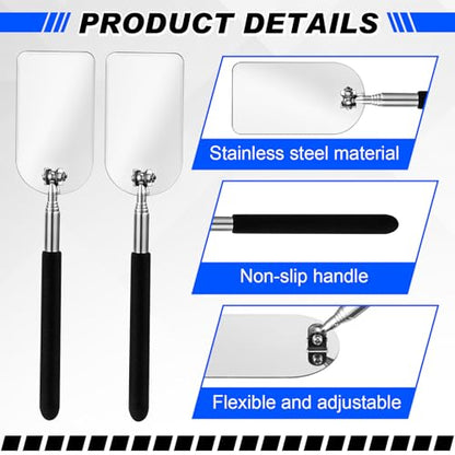 2 Pcs Flame Inspection Mirror Telescoping 2 x 3.75 Inch Stainless Steel Pivoting Rectangular Telescopic Welding Mirror with Grip Handle for Maintenance Inspection