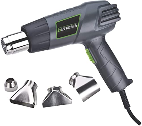 Genesis GHG1500A Dual Temperature Heat Gun Kit With Fast Heat High And Low Settings 572F/1000F, Air Reduction Nozzle, Reflector Nozzle, And Two Deflector Nozzles with 2 Year Warranty | 572F or 1000F, For Shrink Tubing, For Crafting, For Vinyl Wrap, 4 Acce