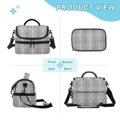 Snakeskin Grain Gray Insulated Lunch Tote Bag Organizer for Women | 8L Double Deck,Large Lunch Box with Shoulder Strap,Thermal Meal Prep,Suitable for Work School Picnic Office Travel