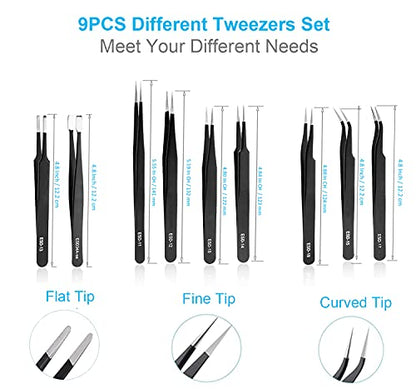 YHYZ 9PCS Precision Tweezers Set, Upgraded Anti-Static Stainless Steel Precise Tweezers (Fine, Curved, Flat), Perfect for Craft, Electronic, Soldering, Model, Hobby, Jewelry Making, Laboratory - style: 9pcs with case, V2