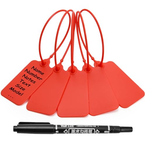 100 Red Blank Plastic Tags for Labeling Waterproof Hanging Labels Writable Tags Seal Plastic Marking Label for Clothes Bags Keys Inventory with One Marker Pen - color: Red, size: 100 PCS