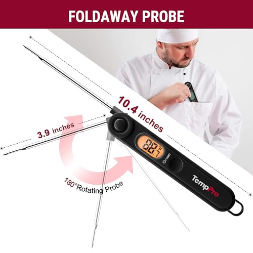 TempPro Digital Meat Thermometer with Temperature Indicator, Instant Read Food Thermometer with Pop-up Meat Probe and Backlight for Oil Deep Fry Smoker BBQ Grill Kitchen Candy (Previously ThermoPro) - color: Pitch-black