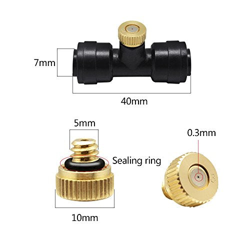 Yotako 1/4'' Slip-Lock Misting Nozzles Kit | 12Pcs Brass Misting Nozzles 10Pcs Water Misting Nozzle Tees Thread Misting Nozzle Tees with Plugs for Spray Cooling System