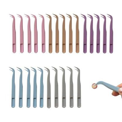 25 Pcs 4.53inch Plastic Tweezers for Crafts Jewelry Bead Making DIY | 5 Colors Bent Disposable Stickers Handmade Beads Craft Tweezers