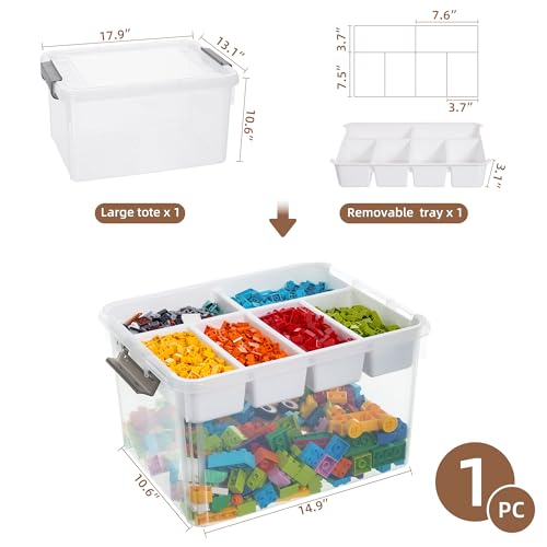 Citylife 32QT Clear Craft Organizers and Storage Box with Removable Tray | Stackable Art Supply Organizer Storage Bins with Lids for Beads, Markers, Sewing, Tools, Playdoh, Toys, Made in USA - size: 32 Qt- 1 Pack