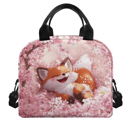 Fox Lunch Box Kids Insulated Lunch Bag for Girls Cherry Blossom Reusable Lunchbox Cooler Lunch Tote Bag for Kids Lunchbag with Shoulder Straps - color: Cherry Blossom Fox Print