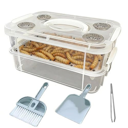 Mealworm Container - Ventilated Lid Transparent Fine Mesh | Mealworm Keeper Box Habitat - for Reptiles, Birds, Chickens, Lizards, Bearded Dragon, Frogs, Tortoises