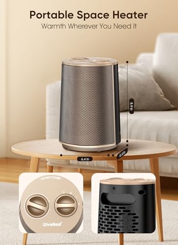GiveBest Portable Space Heater – 1500W Quiet & Energy Efficient Overheat & Tip-Over Protection, Fast Heating PTC Technology, Ideal for Bedroom, Office & Desk Use, Gold | PTC Ceramic Heater, Heating and Fan Modes, Overheat & Tip-Over Protection for Bedroom