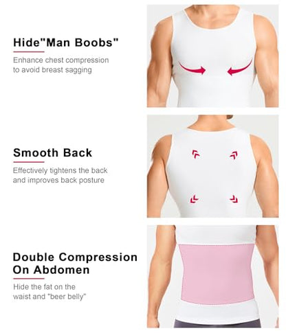 Gotoly Men's Compression Shirt Shapewear Slimming Body Shaper Vest | Man boobs slimming, double-layer tummy control, seamless round neck, invisible under fitted tees, 4-way stretch fabric - color: White, size: Small