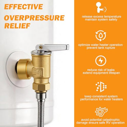 3/4" NPT Water Heater Pressure Relief Valve, 150 PSI Pressure Relief Valve for RV Hot Water Heater, Brass T&P Relief Valve with Epoxy-Coated Probe, Universal Suburban RV Water Heater Parts Replacement