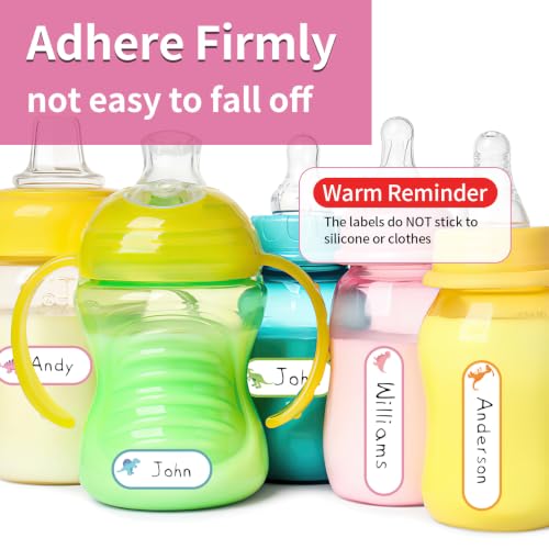 480 Pcs Waterproof Labels for Kids Stuff Daycare Name Bottle Essentials | Cute Dinosaur Self-Adhesive Baby Water Bottle Stickers for School Supply, Self-Laminating Write-on, Reusable Washable - style: Cute Dinosaur