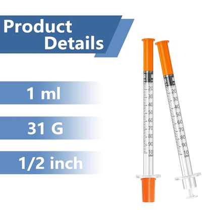 jeringas 1ml 31G 1/2" (12.7mm), Individually Wrapped, Pack of 100