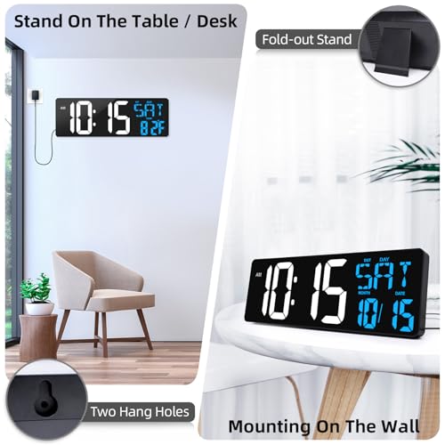 17" Large Digital Wall Clock with Remote, Auto Dimmer, Date Temp, Timer | Large clear display, Snooze function, Count up and down timer, Suitable for Living Room, Office, Gym Indoor Spaces - color: Ice Blue+ White