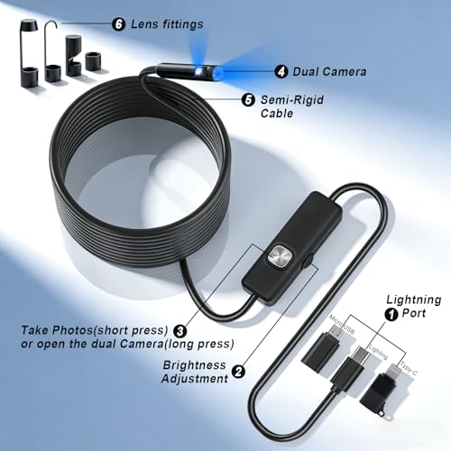 Endoscope Camera with Light,16.4ft Dual-Lens Borescope Tools with 8 Adjustable LED Lights, Endoscope with Semi-Rigid Snake Camera, IP67 Waterproof Inspection Borescope for iOS and Android - size: Dual-Lens 16.4ft