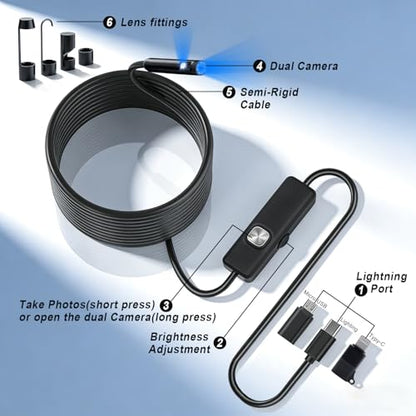 Endoscope Camera with Light,16.4ft Dual-Lens Borescope Tools with 8 Adjustable LED Lights, Endoscope with Semi-Rigid Snake Camera, IP67 Waterproof Inspection Borescope for iOS and Android - size: Dual-Lens 16.4ft