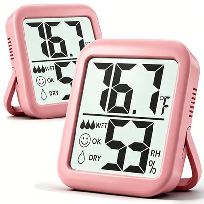 2 Pack Room Thermometer Indoor Hygrometer | Monitor Temperature & Humidity, Accurate, Fast Read, Easy To View, Magnetic/Kickstand/Hanging, ℉/℃, w/ Battery, Compact - color: 2 Pcs* Pink