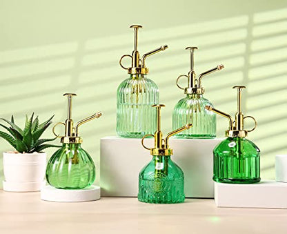 Glass Plant Mister Spray Bottle, 6.5" Green Glass Water Spray Bottle with Gold Top Pump Small Watering Can, Small Plant Sprayer Mister for Indoor Outdoor House, Green+Gold (Green+Gold D) - style: Green+Gold D