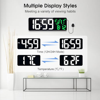 17" Large Digital Wall Clock, Bluetooth Sync, Auto Dimmer, Remote | Bluetooth Automatic Time Sync, Stable Plug-in Power, DST Support, Date Week Temperature Display, Fits all Indoor Spaces - color: White+green