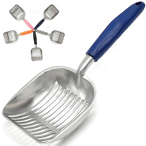 Cat Litter Scoop, Kitty Metal Scooper, Aluminum Alloy Sifter, Kitten Pooper Lifter, Deep Shovel, Long Handle, Poop Sifting, Durable, Heavy Duty, for Litter Box - color: Flat Aluminum-Blue Handle, size: Large