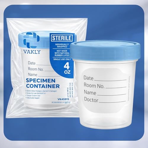 Vakly Sterile 4 oz Specimen Cups with Leak-Proof Lids for Lab Testing, 5 PK | Individually bagged, clear polypropylene, graduated volume markings, urine, stool and specimen collection with ID label