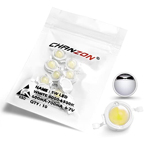CHANZON 10 pcs High Power Led Chip 5W White 6000K - 6500K | (600mA - 700mA / DC 6V - 7V / 5 Watt) Super Bright Intensity SMD COB Light Emitter Components Diode Bulb Beads DIY Lighting - color: C) White (6000k)