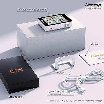 Temtop T1 Bluetooth Indoor Thermometer Hygrometer for Room Temperature | Humidity Notification Alerts, Data Export, Digital Gauge for Home, Office, Greenhouse, Garage, Nursery, Gift - size: Basic Edition