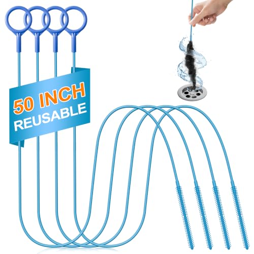 4 Pack 50 Inch Drain Snake Hair Drain Clog Remover Tool for Bathroom Sink | Reusable Brush, 50-Inch Break-Resistant Steel Wire Rope with Nylon Coating, 0.27-inch wand for Shower Drain Cleaning