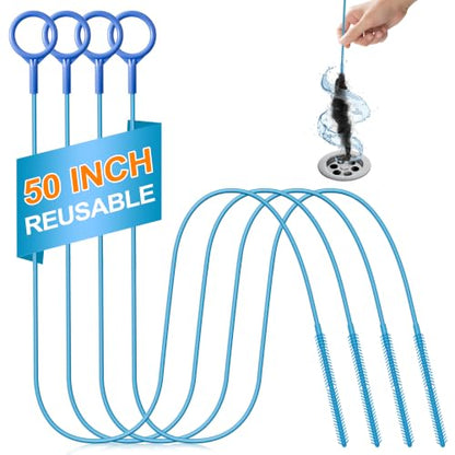 4 Pack 50 Inch Drain Snake Hair Drain Clog Remover Tool for Bathroom Sink | Reusable Brush, 50-Inch Break-Resistant Steel Wire Rope with Nylon Coating, 0.27-inch wand for Shower Drain Cleaning