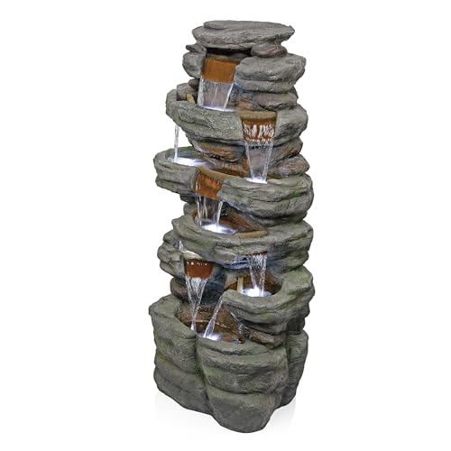 Alpine Corporation TZL352 Outdoor Floor Stone Tower Fountain with LED Lights, Multi-Level Garden Water Fountain, 47"H, Gray - style: 47" H - Multi-Level Cool White LEDs