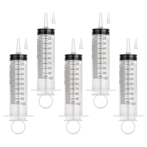 100ml Large Syringe, 5 Pack Plastic Syringes for Liquid with Tip Adapter | 100cc Large syringe for thick liquids & Scientific Labs, Oil Transfer, Plant Watering & Refilling, Glue, Individual Sealed - style: 100 ML