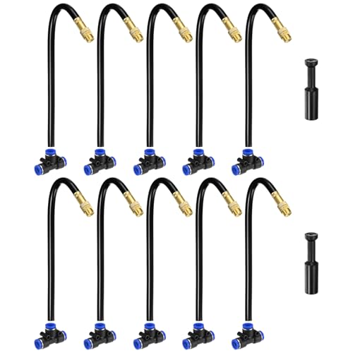 M METERXITY 1-Set Brass Misting Nozzles Tees, 8inch/20cm Tube Len 3-in-1(Dripping, Spraying, Shutoff) Adjustable Copper Water Mister Sprayers for 1/4 Inch Tubing Irrigation [Gold Tone, Black] - size: 8inch/20cm