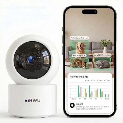 AI Pet Camera Indoor, Multi-Pet Recognition for Up to 6 Pets, 2K 3MP Dog & Cat Camera with 360° Auto Tracking, AI Daily Summaries, Night Vision, 2-Way Audio, 2.4/5GHz WiFi - color: White